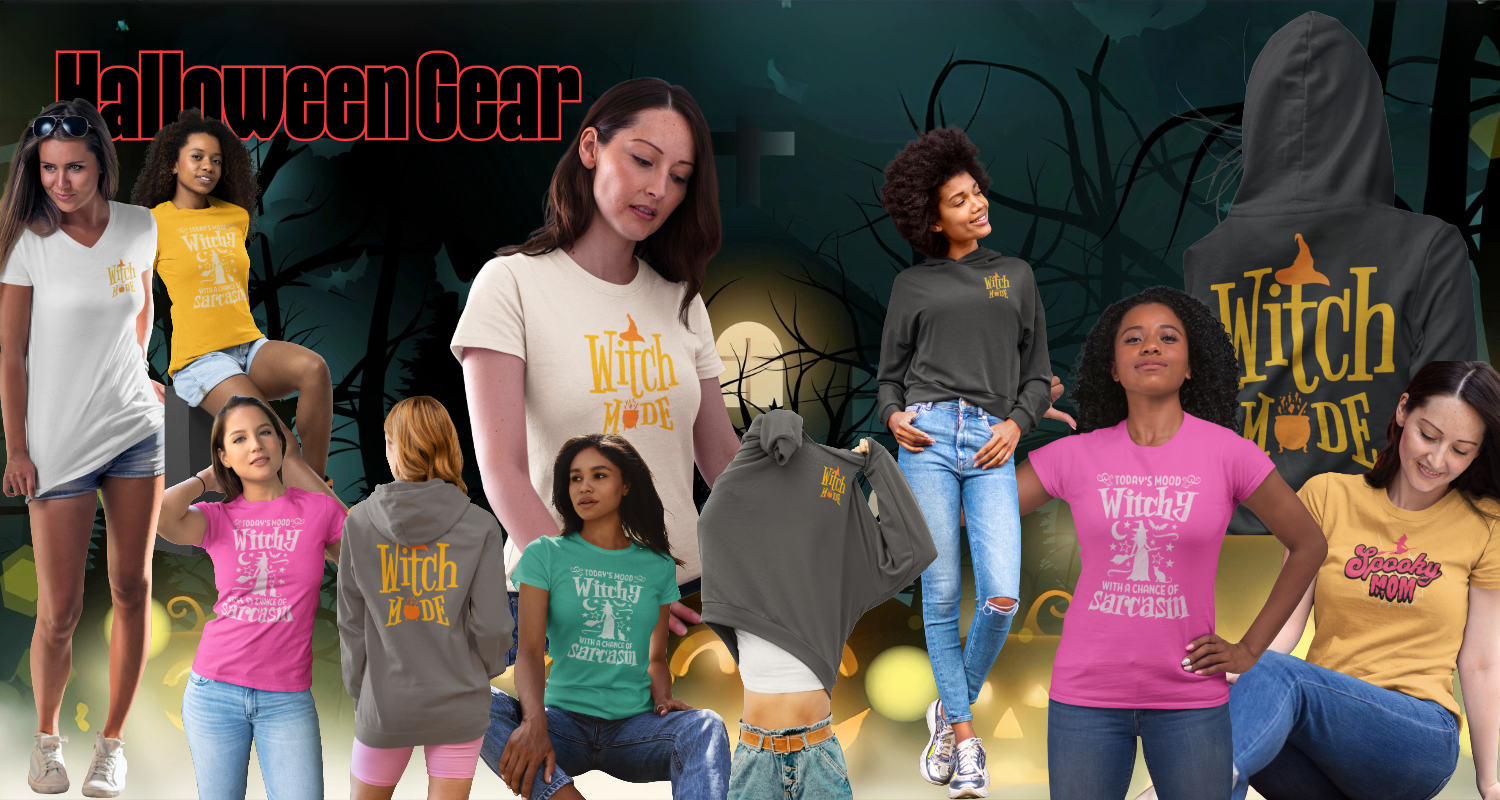 Collage of people wearing Halloween-themed t-shirts and hoodies with text like 'Witch Mode' and 'Halloween Gear'.