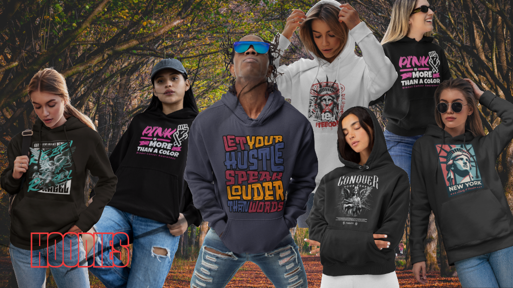 Group of people wearing various hoodies with different designs and text.