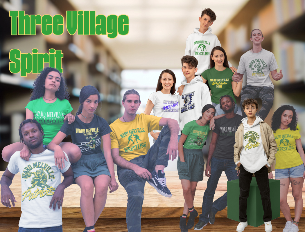 Group of people wearing 'Three Village Spirit' t-shirts in a casual setting.